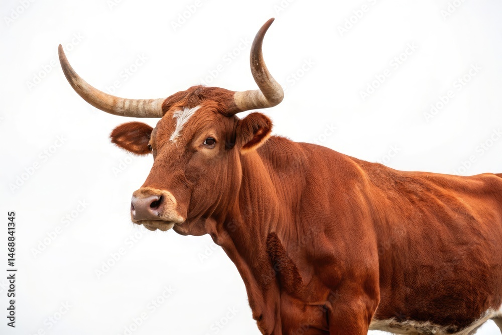 Red Longhorn Cow Against a Bright White Background Generative AI