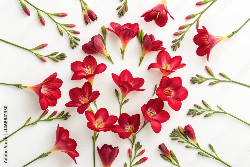 Red Freesia Flowers Arranged on a White Background Generative AI