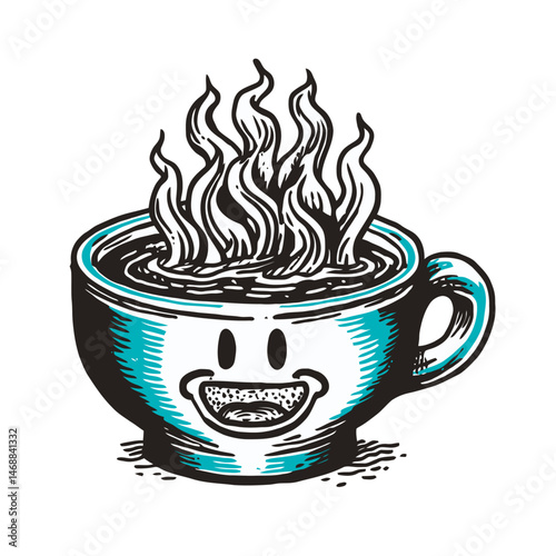 Whimsical Hand-Drawn Illustration of Happy Coffee Cup with Steam