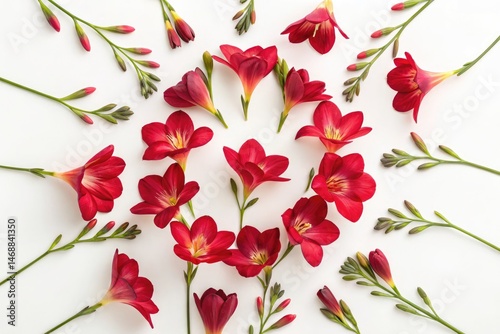 Obraz na płótnie Red Freesia Flowers Arranged on a White Background Generative AI w salonie