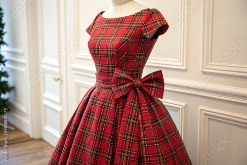 Elegant Red Plaid Tartan Dress With Bow Displayed Indoors Generative AI