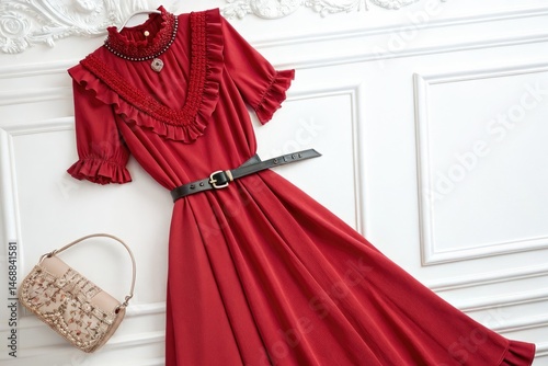 Elegant Red Tassel Dress With Ruffled Neckline and Stylish Belt Generative AI