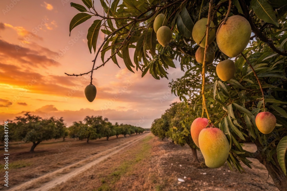 Ripe Mangoes Glistening at Sunset in Tropical Orchard Generative AI