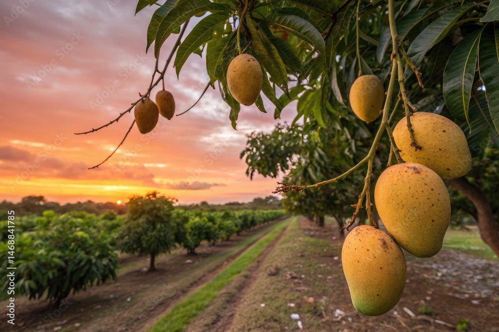 Ripe Mangoes Hanging on Tree Branch at Sunset in Tropical Grove Generative AI