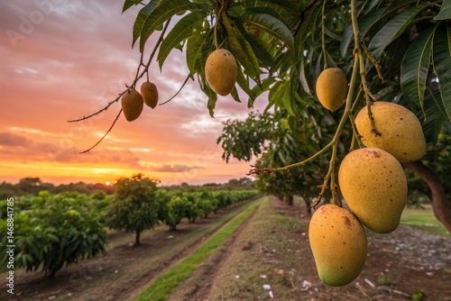 Obraz na płótnie Ripe Mangoes Hanging on Tree Branch at Sunset in Tropical Grove Generative AI w salonie