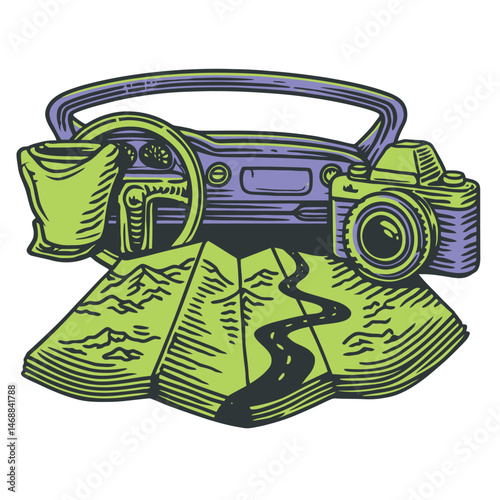 Hand-Drawn Illustration of a Car Interior with Map and Camera
