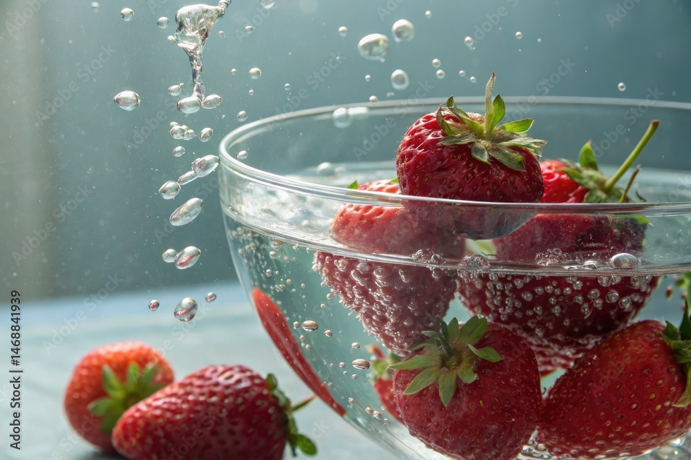 Ripe Strawberries Float in Water Surrounded by Bubbles Generative AI