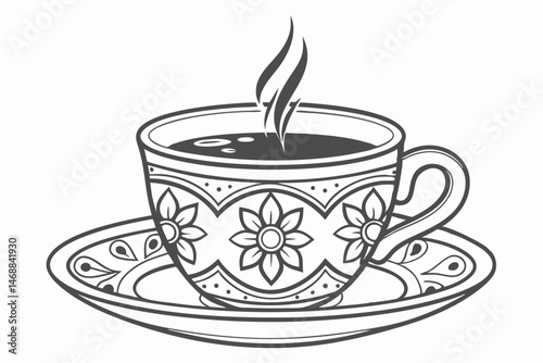 126 beautiful steaming cup of coffee, ornate patterned cup and saucer, intricate floral design elements, high detail, monochrome, digital illustration