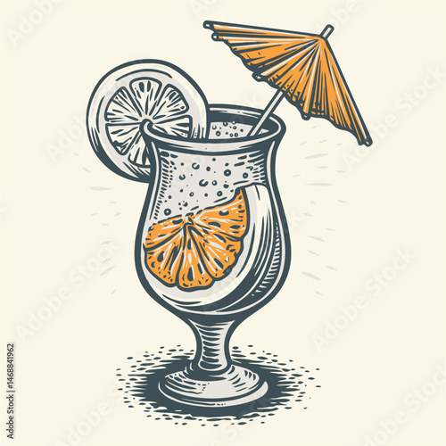 Hand-Drawn Illustration of a Refreshing Citrus Drink with Umbrella
