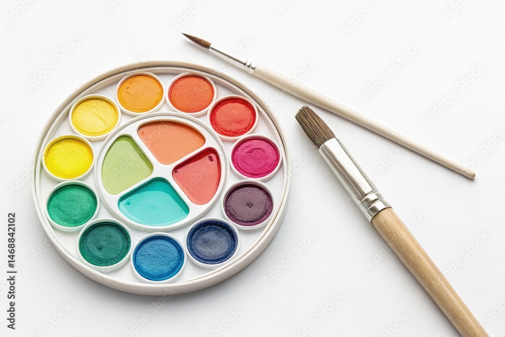 Colorful Watercolor Palette With Brush on a White Surface Generative AI