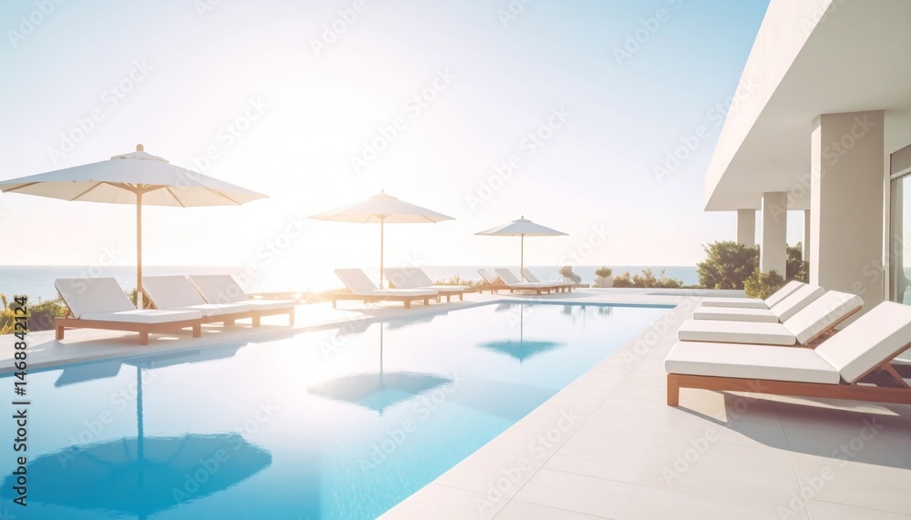 Fototapeta premium Beachfront hotel outdoor pool in the morning sunshine, rows of sun loungers and white parasols next to it.
