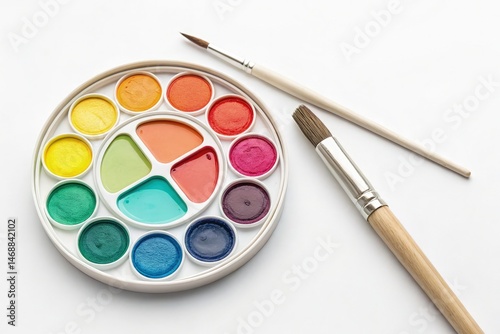 Obraz na płótnie Colorful Watercolor Palette With Brush on a White Surface Generative AI w salonie