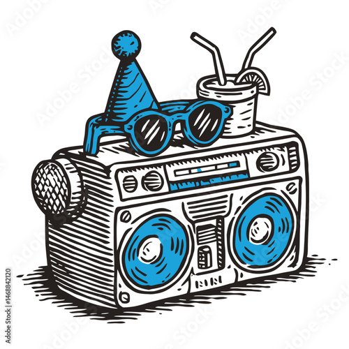 Hand-Drawn Illustration of Retro Boombox with Party Accessories