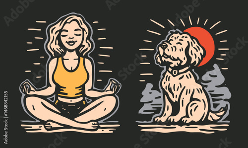 Peaceful Doodle of a Woman Meditating and a Dog Sitting Beside Her