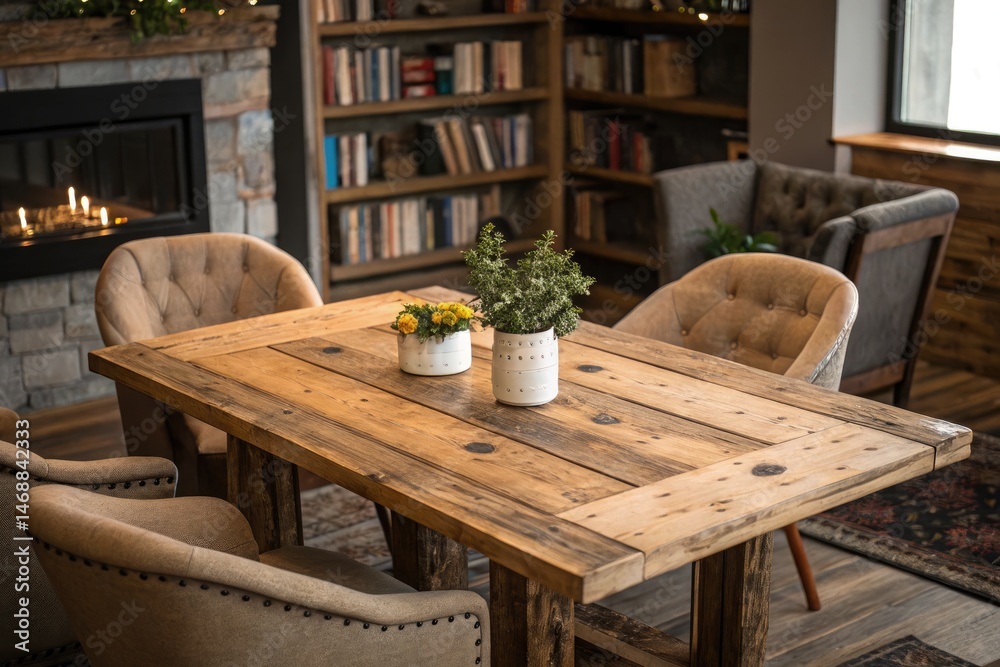Cozy Rustic Wooden Table in a Warm Indoor Setting Generative AI
