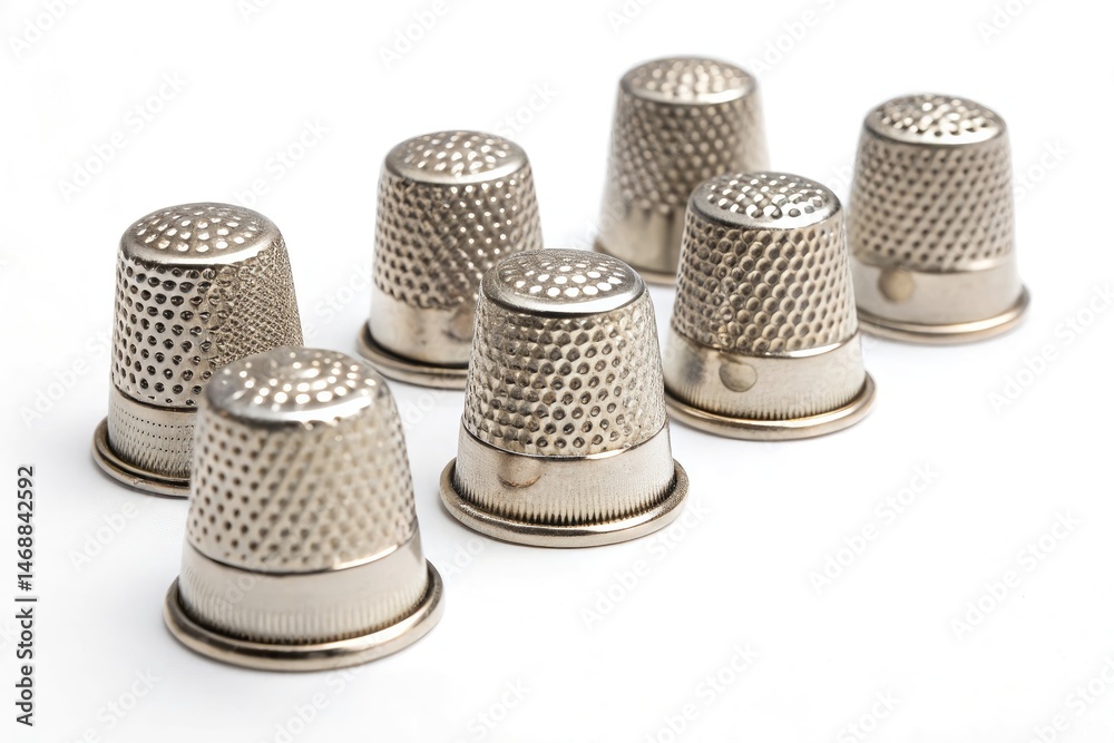 Set of Six Metal Thimbles on a Clean White Background Generative AI