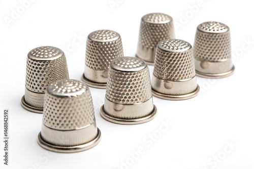 Obraz na płótnie Set of Six Metal Thimbles on a Clean White Background Generative AI w salonie