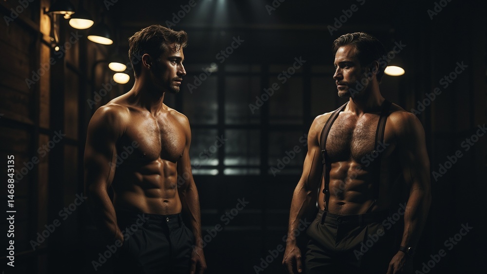 Fototapeta premium men in suspenders - shirtless men - shirtless guys - two sexy guys - two hot guys - two hot men - two mysterious men - two men at night - two vampire men - two lovers men - two lovers guys - bromanc