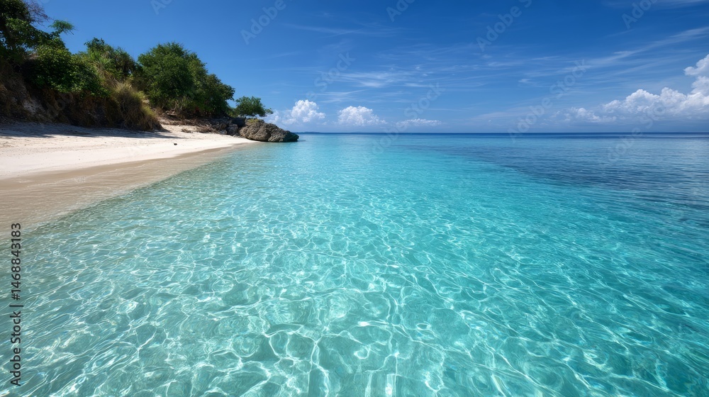 Fototapeta premium A sandy beach with clear blue water and white sand