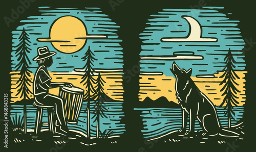 Vintage Doodle of Musician and Wolf under Sun and Moon Scene