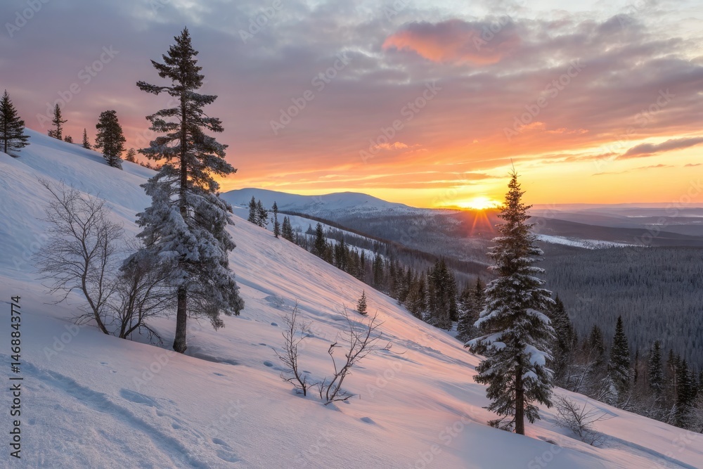 Snowy Hillside at Sunset Near Kirovsk Reveals Stunning Scenery Generative AI