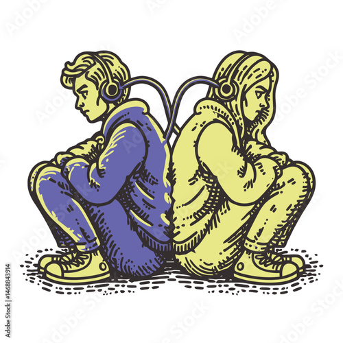 Hand Drawn Illustration of Two People Listening to Music Together