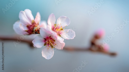 A close up of a pink flower on a tree branch