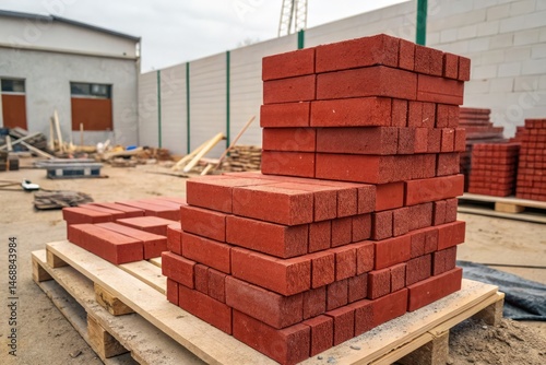 Obraz na płótnie Stacked Red Bricks Prepared for Construction Project Generative AI w salonie