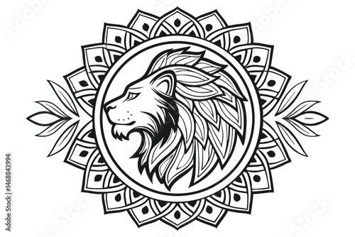 127 a highly detailed, intricate, ornate, mandala-style, black and white illustration of a majestic, regal lion head surrounded by an ornate, symmetrical, geometric pattern of floral and leaf-like ele