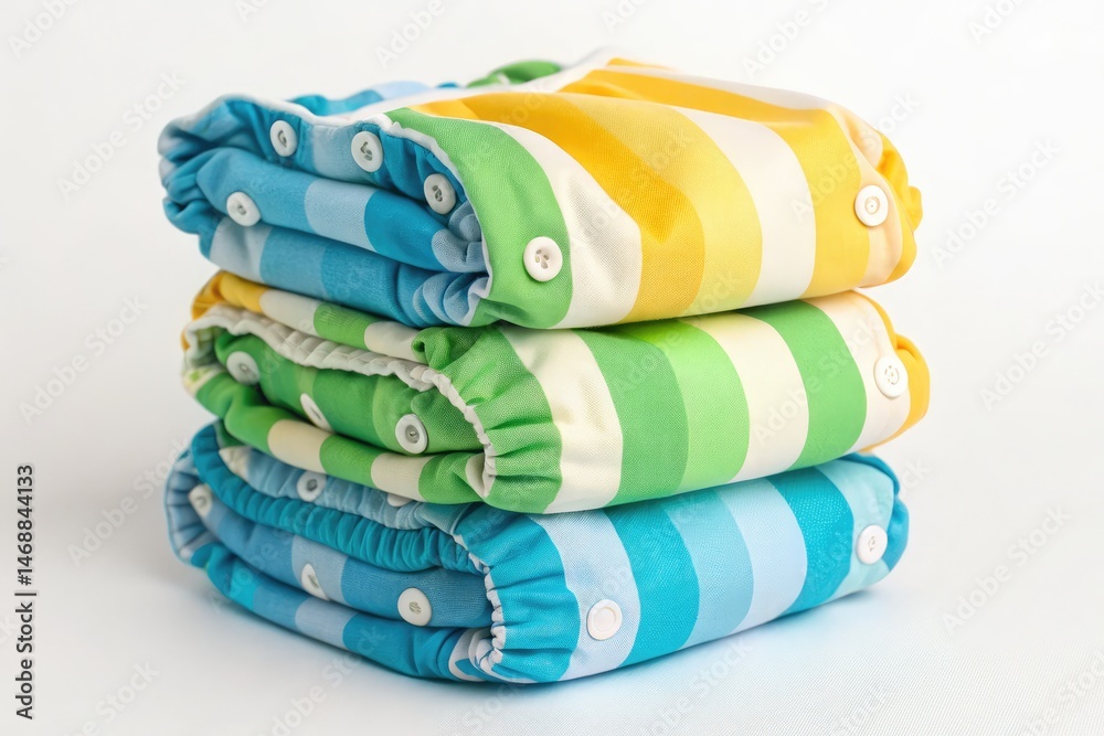 Colorful Striped Cloth Diapers Stacked on a White Surface Generative AI