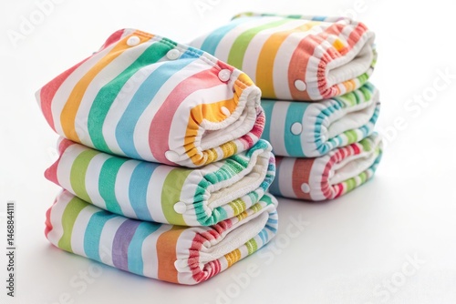 Obraz na płótnie Colorful Striped Cloth Diapers Stacked Neatly on White Background Generative AI w salonie