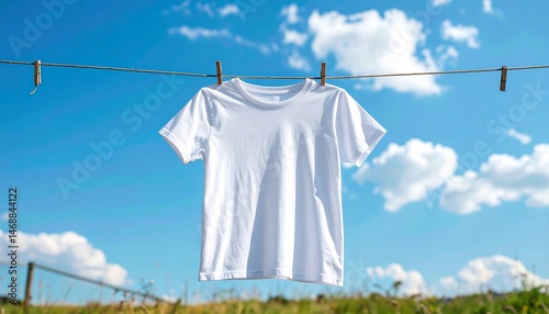 White T-Shirt Hanging on Clothesline Outdoors on Sunny Day