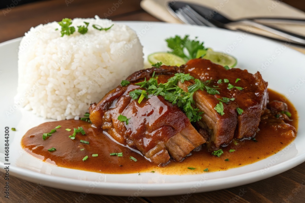 Stewed Pork Leg With Sweet Gravy Served Over Rice Generative AI