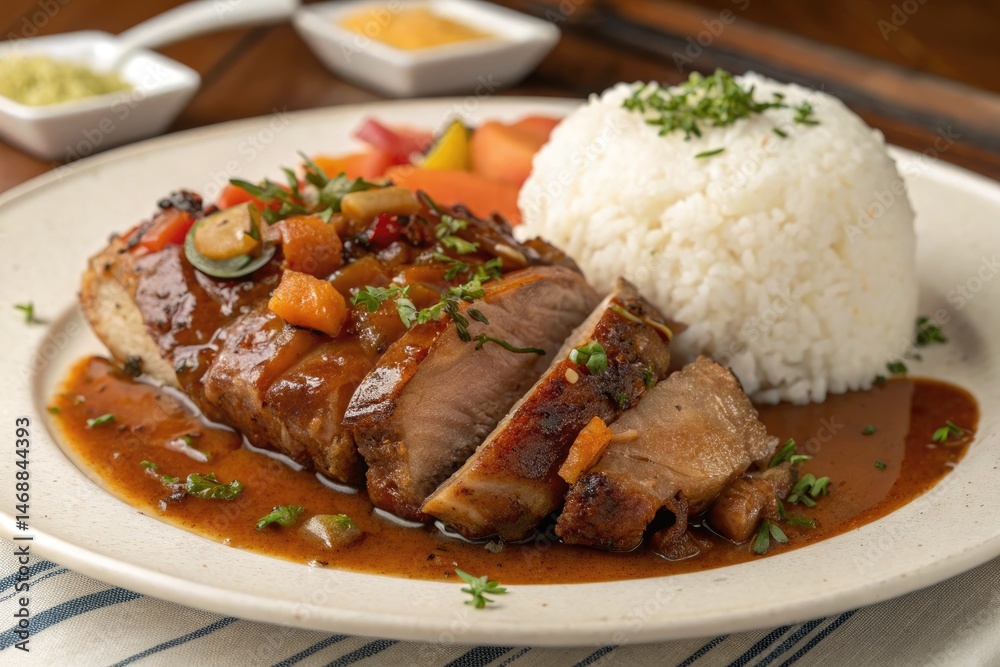 Stewed Pork Leg With Sweet Gravy Sauce and White Rice Served Generative AI