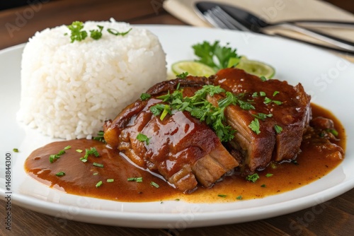 Obraz na płótnie Stewed Pork Leg With Sweet Gravy Served Over Rice Generative AI w salonie