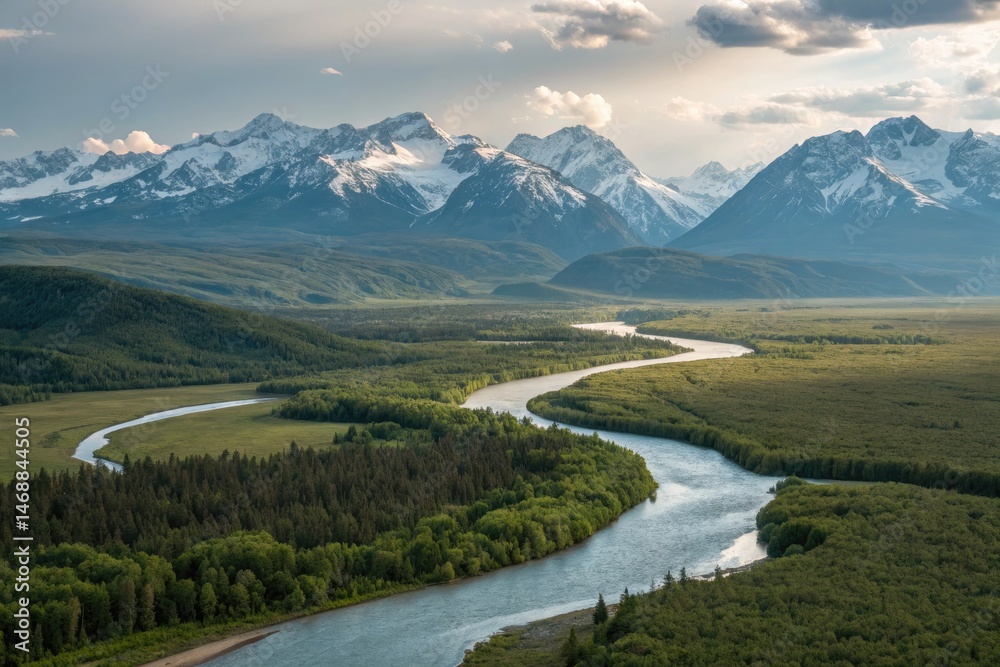 Winding River Flows Through Stunning Valley and Mountainscape Generative AI