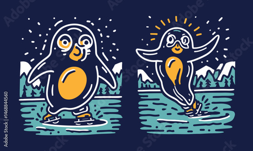 Playful Doodle of Cute Penguins Ice Skating on a Blue Background