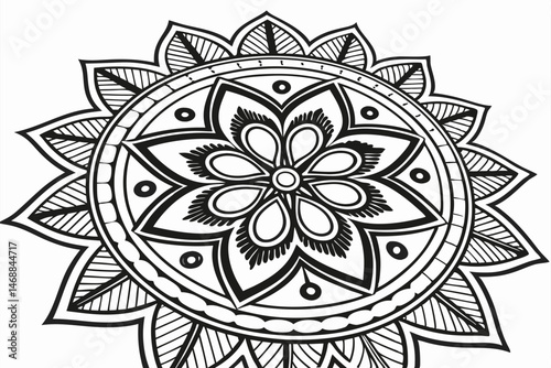 128 detailed ornate mandala, elaborate symmetrical geometric pattern, intricate flower petal design, highly detailed black and white, digital illustration, high contrast, sharp focus, precise linework