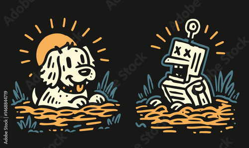 Playful Doodle of Dog and Robot in Whimsical Hand-Drawn Style