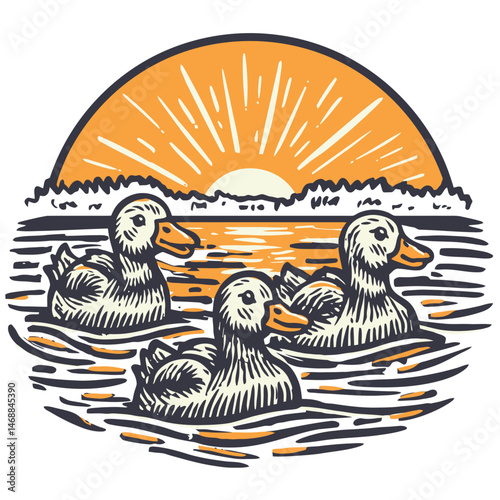 Hand-Drawn Illustration of Ducks Swimming at Sunset with Sunrise Glow