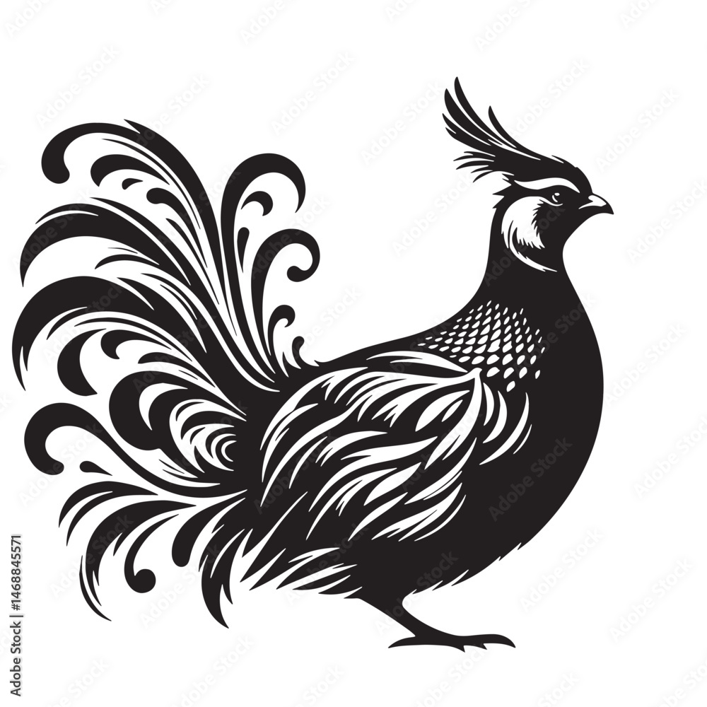 Crested Partridge Silhouette line art vector illustration on white background Crested Partridge Silhouette line art vector illustration on white background