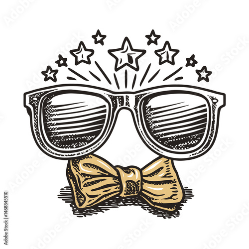 Hand-Drawn Illustration of Sunglasses with Bow Tie and Stars