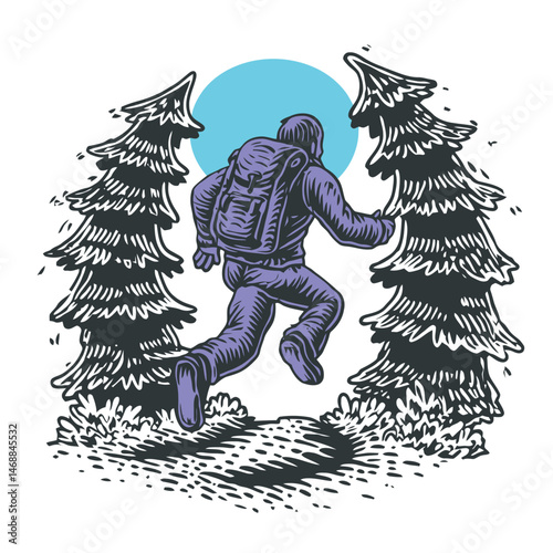 Scenic Hand-Drawn Illustration of a Hiker in a Forest Pathway