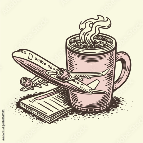 Hand-Drawn Illustration of Airplane and Coffee Mug with Steam