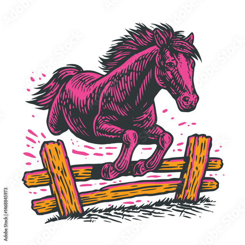 Dynamic Hand-Drawn Illustration of a Horse Jumping Over a Fence