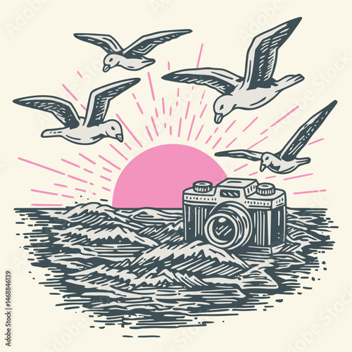 Vintage Hand-Drawn Illustration of Camera with Birds at Sunset