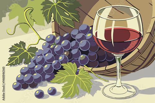 129 a detailed realistic digital painting of a glass of red wine and a bunch of dark purple grapes with green leaves, high quality, intricate details, vibrant colors, photorealistic, cinematic lightin