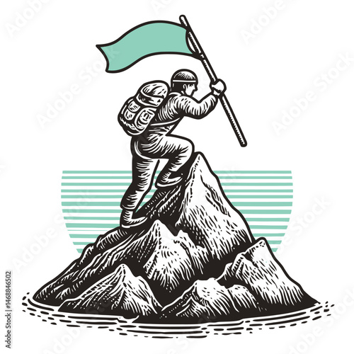 Hand Drawn Illustration of a Climber Planting Flag on Mountain Peak