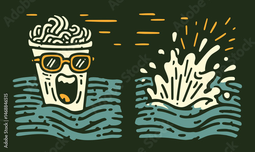 Fun Doodle of a Character with Sunglasses Enjoying Waves and Splash