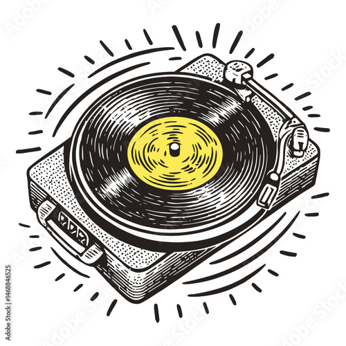 Vintage Hand Drawn Illustration of a Turntable with Groovy Design